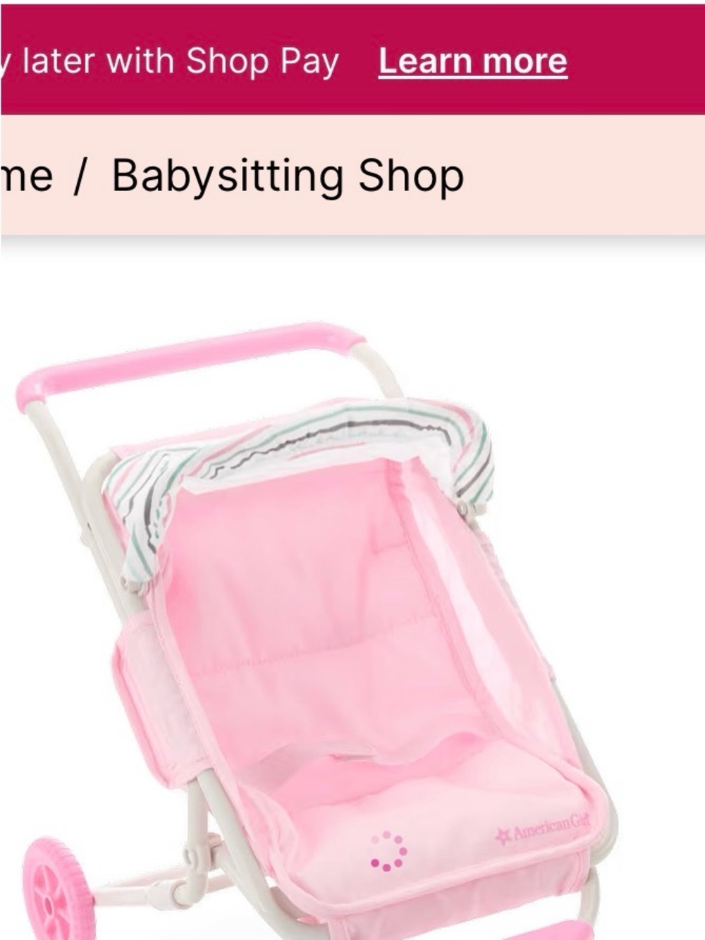 American Girl Pink Doll Stroller with Striped Canopy